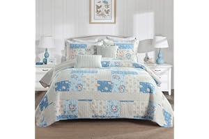 DDUOXIN Oversized King Quilt (120"x120") - 100% Cotton Reversible Quilted Bedspread with 2 Pillow Shams, Farmhouse Floral Lightweight Bedspreads Coverlet Sets, Blue, King/Cal King