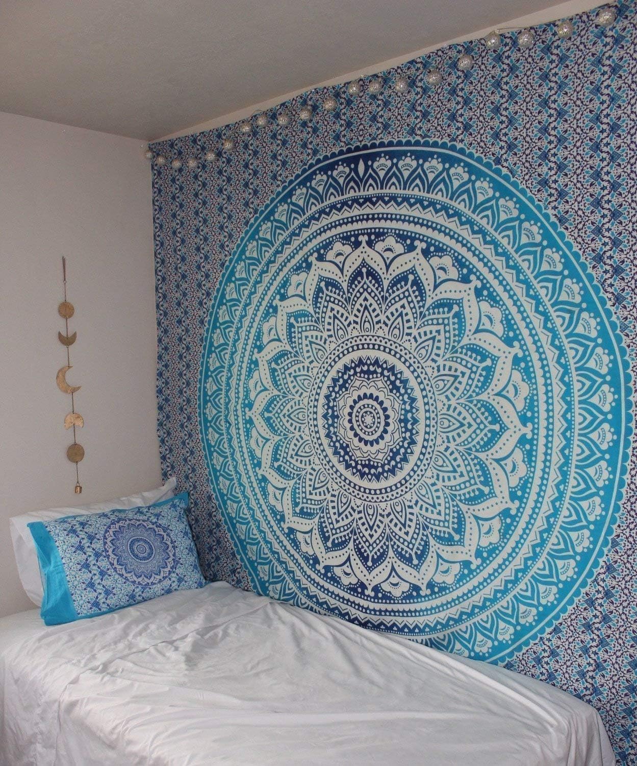 Tapestries - THE ART BOX Mandala Wall Hanging Hippie Ombre Tapestrys Blue and White - 82x55 inch Indie Aesthetic Bohemian Cotton Fabric Wall Blanket Tapestries for Yoga and Meditation