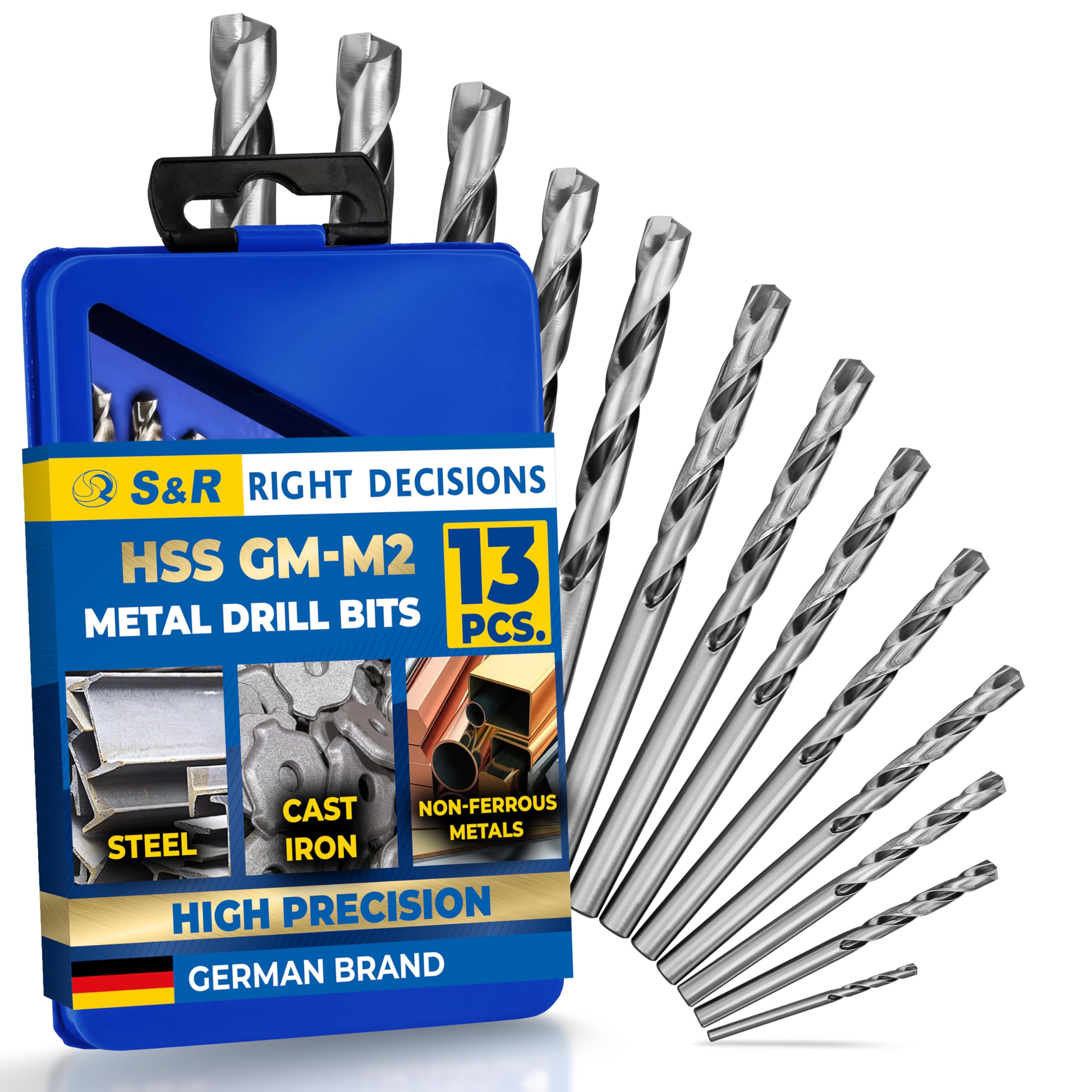 S&R Metal Drill Bit Set 1-6,5mm, 13 Piece, GM DIN 338, Grounded, HSS-Steel,Steel box, Professional Quality
