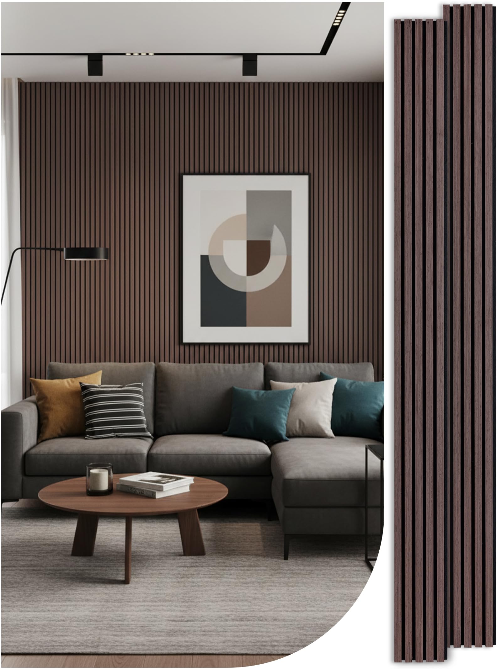 Photo 1 of Mollywell Wood Slat Wall Panels - Time-Saving Installation Soundproof Slat Panels on Any Wall Surface, 0.95 NRC Dual-Layer Acoustic Design, Commercial-Grade MDF Core (2 Pack, 108x8in, Dark Walnut)
