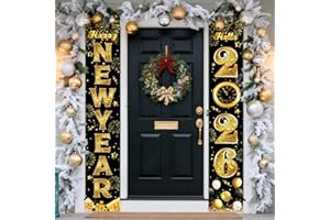 MIUCAT Happy New Year Door Banner, 2PCs New Year Front Door Banner 2026 Black Gold New Years Front Porch Hang Door Banners Sign Set New Years Eve Party Supplies Decorations, 71x12 Inch