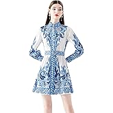 LAI MENG FIVE CATS Women's Floral Print Button up Lantern Sleeve Casual Shirt Dress A-line Mini Dress(Suitable Petite Fit)