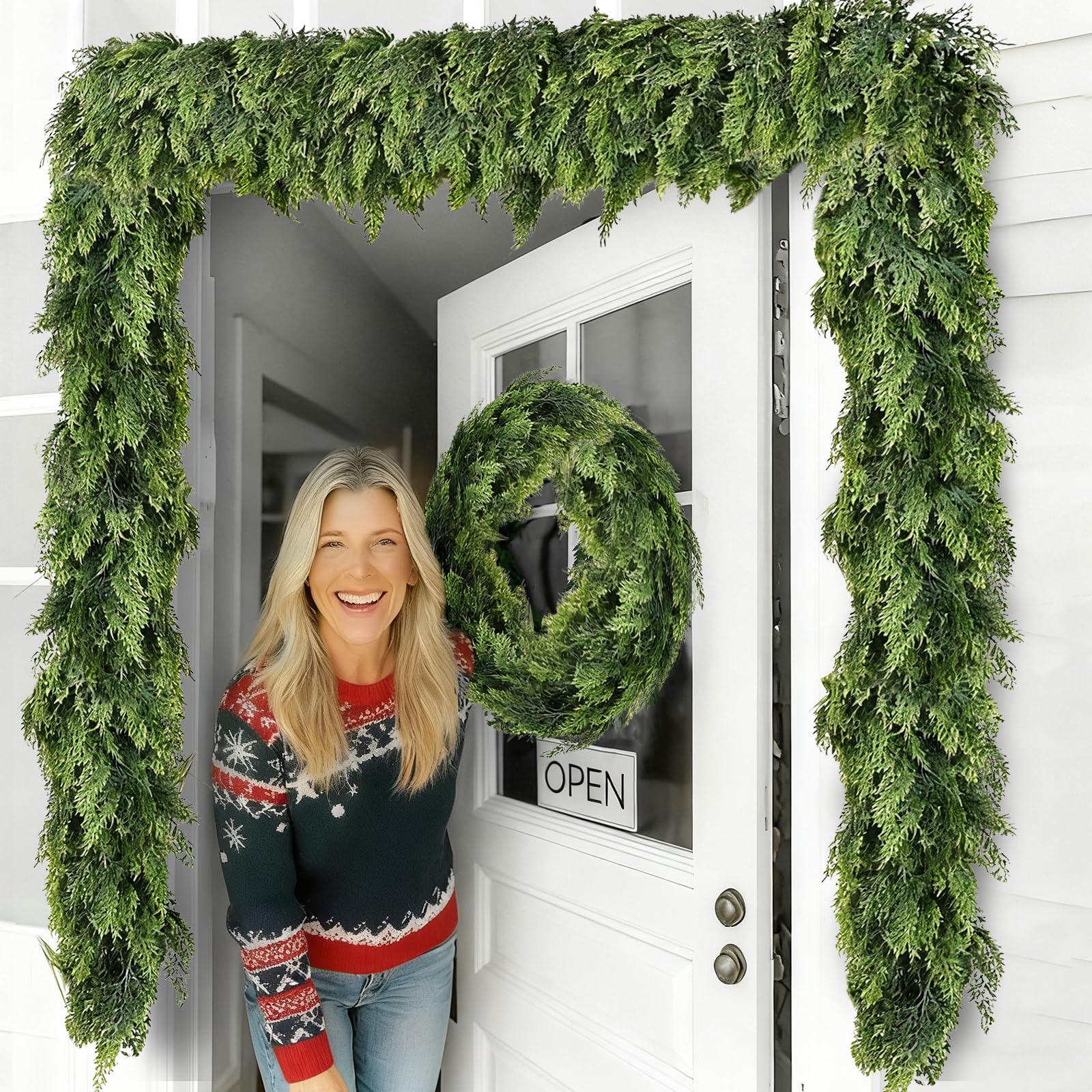 Photo 1 of 2 PCS 9 FT Christmas Cedar Garland, Artificial Real Touch Greenery Pine Garlands, Thick & Lush Realistic Green Faux Garland for Mantle Fireplace Table Indoor Outdoor Winter Christmas Decorations