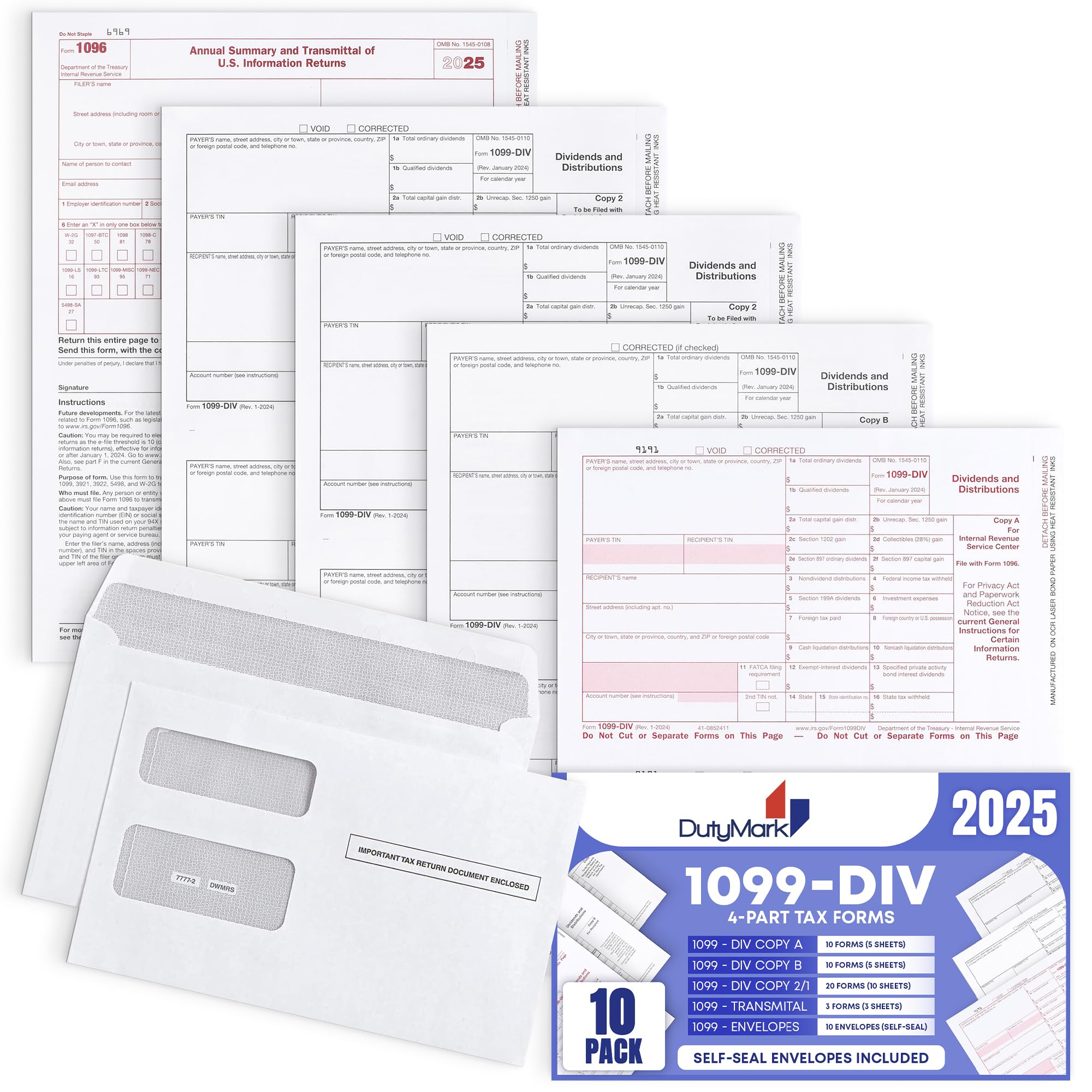 Photo 1 of 1099 DIV Income Tax Forms 2025 Set and 1096 - Kit for 10 Vendors 4-Part, Complete Laser Forms with Self-Seal Envelopes in Value Pack | 1099-DIV Income 2025