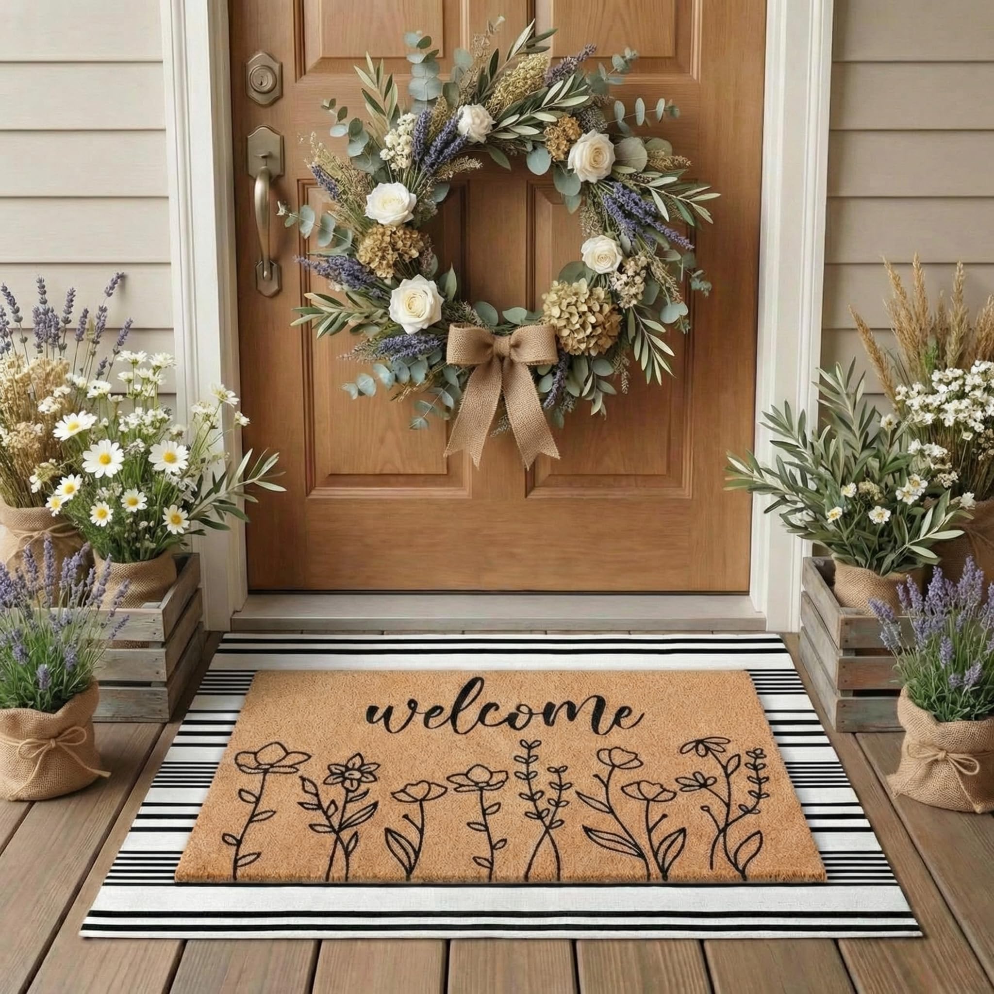 Photo 1 of Drydiet 2 Pcs Spring Outdoor Layered Doormat Set Wildflower Welcome Coir Front Door Mat with Black White Striped Rug, Non Slip Porch Entryway Rug for Summer Indoor Outdoor Farmhouse Decor
