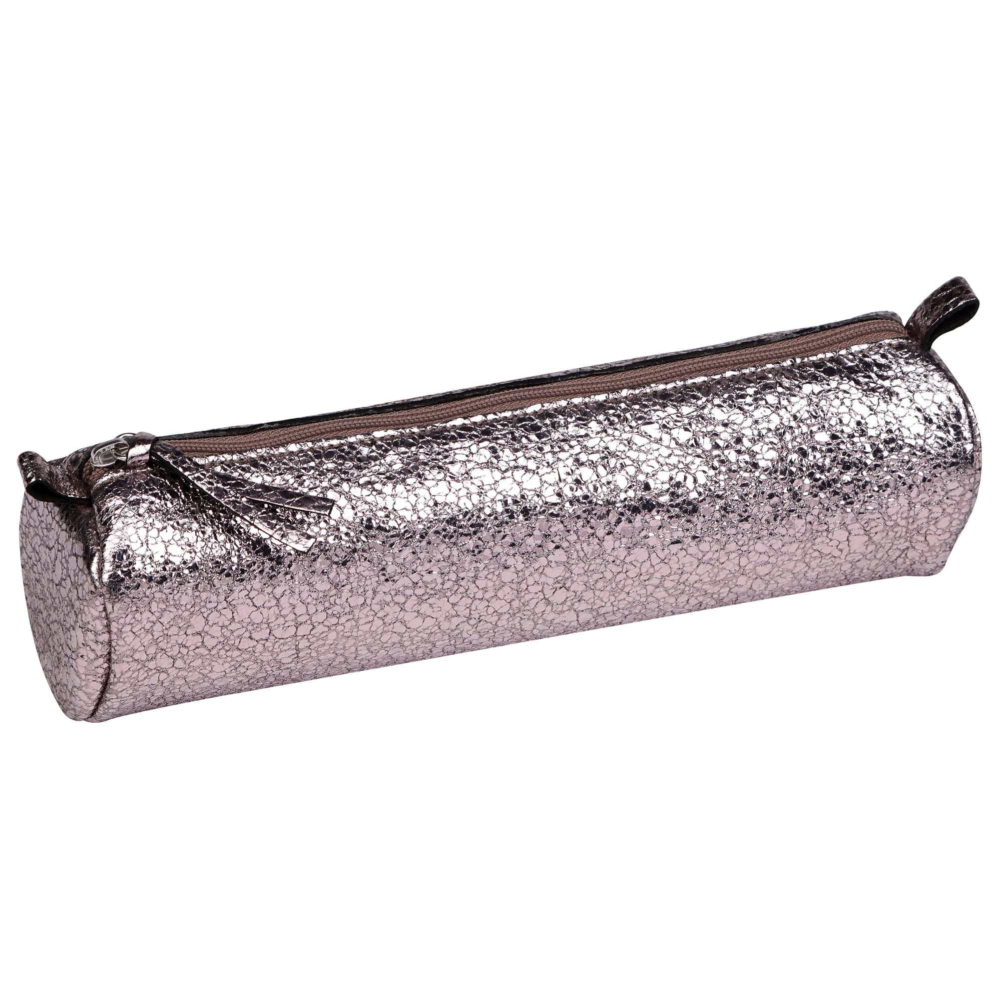 Clairefontaine 410029C -Round Pink School Pencil Case Cracked Mirror Effect Ø5,5x22cm in Genuine Lambskin Leather - School Supplies - Pencil Case - Pen Holder