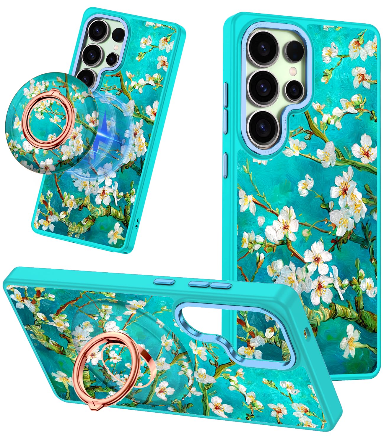 Meshine for Galaxy S24 Ultra Case,Compatible with MagSafe,360°Magnetic Ring Holder Rotation Stand,Matte with Cute Flowers for Women Girls Funny Fashion Cover for Samsung Galaxy S24 Ultra 5G,LightGreen