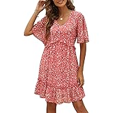 Manydress Women's Chiffon Floral Print V Neck Casual Mini Boho Ruffle Swing Dress MY068