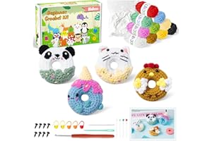 BWkoss Crochet Kit for Beginners- 4Pcs Donut Animal Crochet Starter Kit with Step-by-Step Video Tutorials, Donut Theme Learn to Crochet Kits for Adults & Kids DIY Knitting Supplies