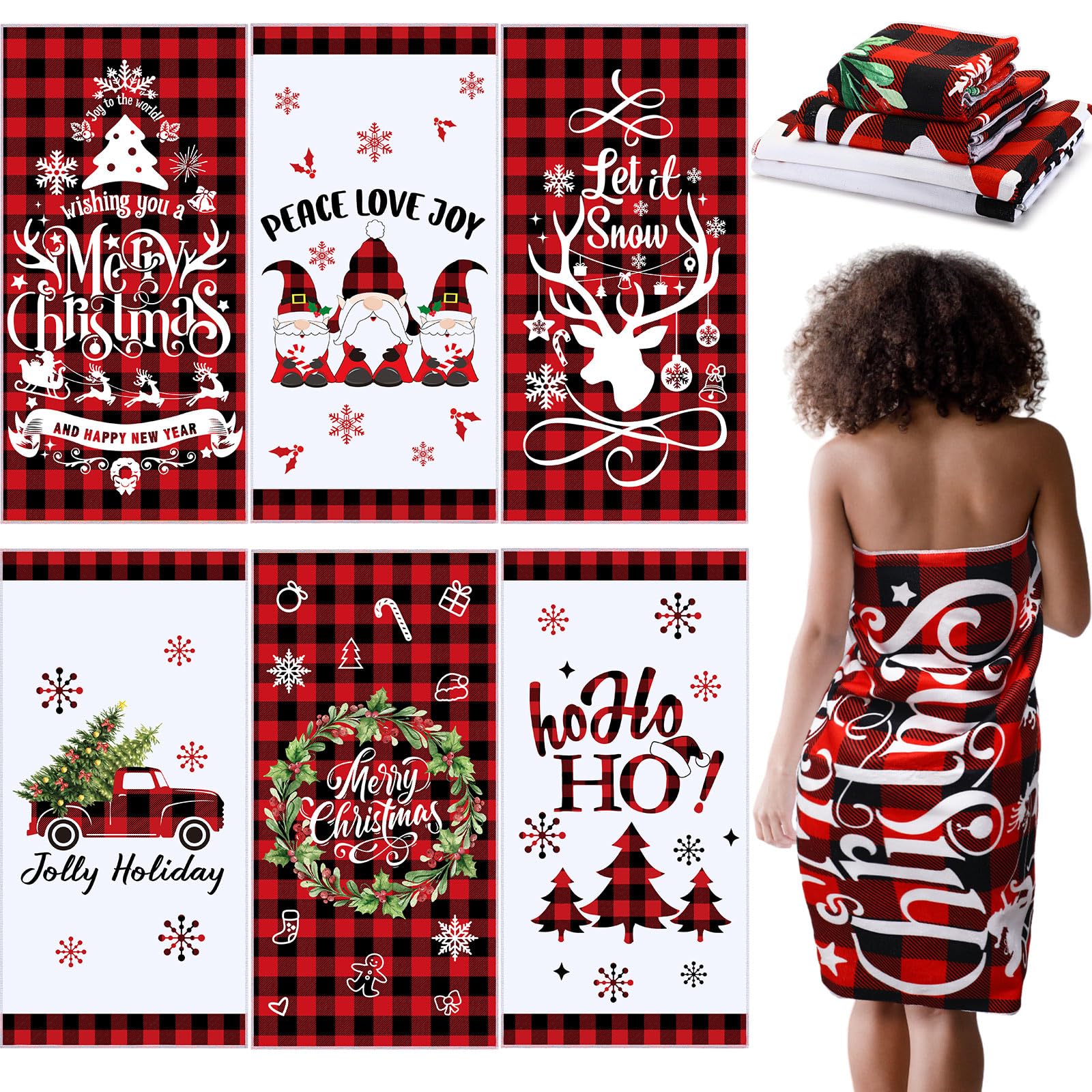 Newwiee 6 Pcs Christmas Bathroom Towel Buffalo Plaid Bath Towel Set 60 ...