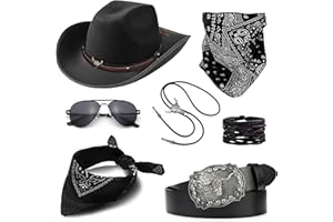 EIELO Cowboy Costume Outfit for Men Women Western Cowboy Hat Bolo Tie Buckle Belt Accessories Set for Halloween Cosplay Party