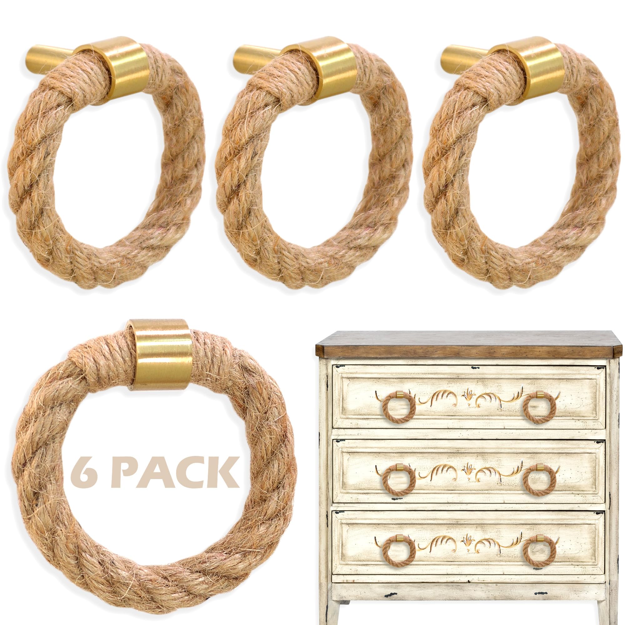 EureKaEr Pack of 6 Nautical Drawer Handles, Chest of Drawers Knobs, Drawer Pulls, Golden Brass Drawer Knobs, Single Hole Handle, Jute Rope Cupboards, Furniture Knobs for Nautical Furniture, Decoration