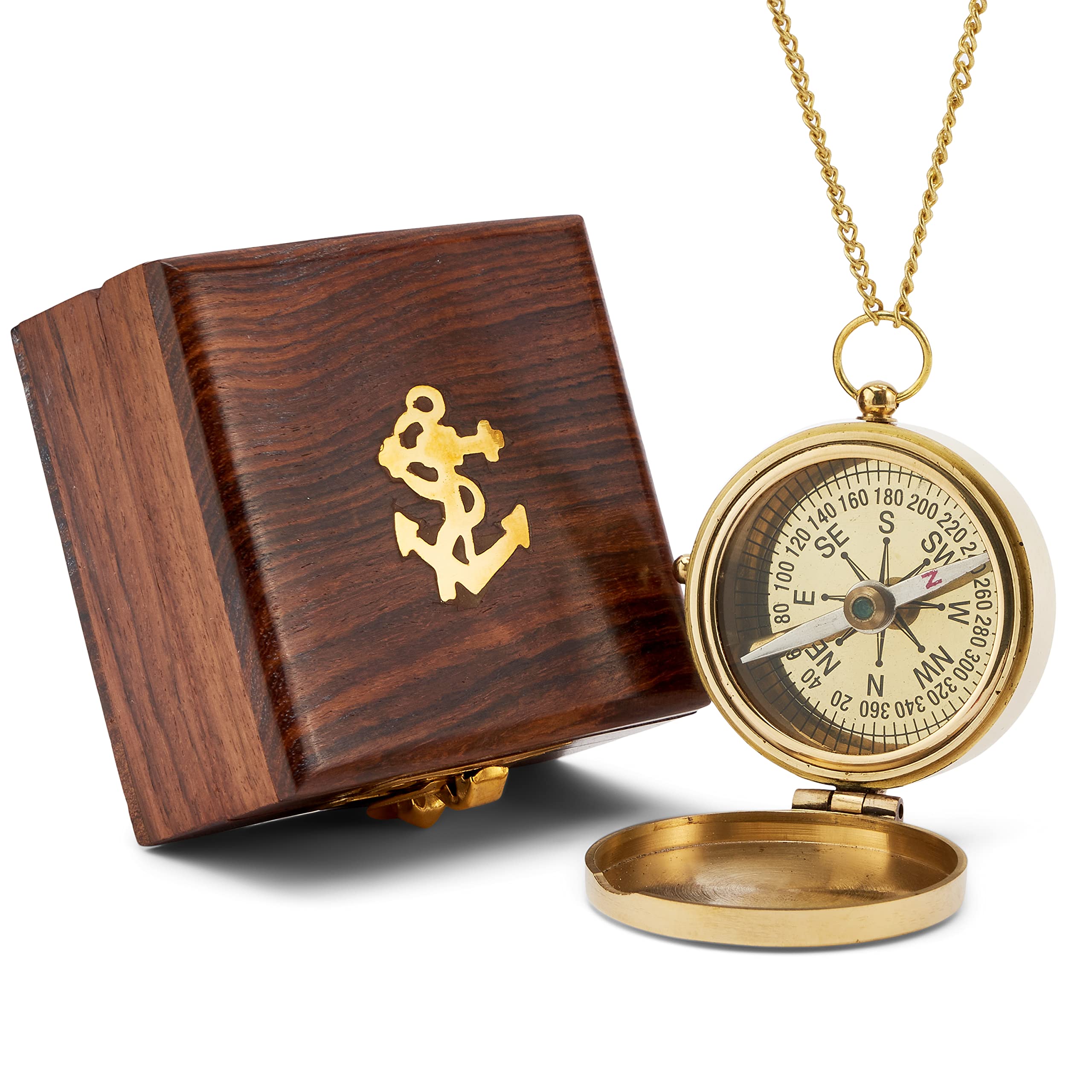 NKlaus Brass Compass With Chain 5 cm Diameter Wooden Box Pocket Compass
