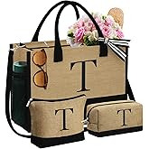 YOOLIFE Gifts for Women - Initial Jute Tote Bag & 2 Makeup Bags Personalized Gifts for Women Teacher Mom Friend Birthday