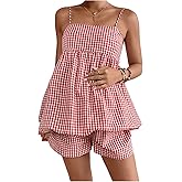 SweatyRocks Women's Maternity 2 Piece Outfits Plaid Peplum Bubble Cami Top and Shorts Sets