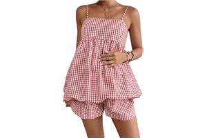 SweatyRocks Women's Maternity 2 Piece Outfits Plaid Peplum Bubble Cami Top and Shorts Sets