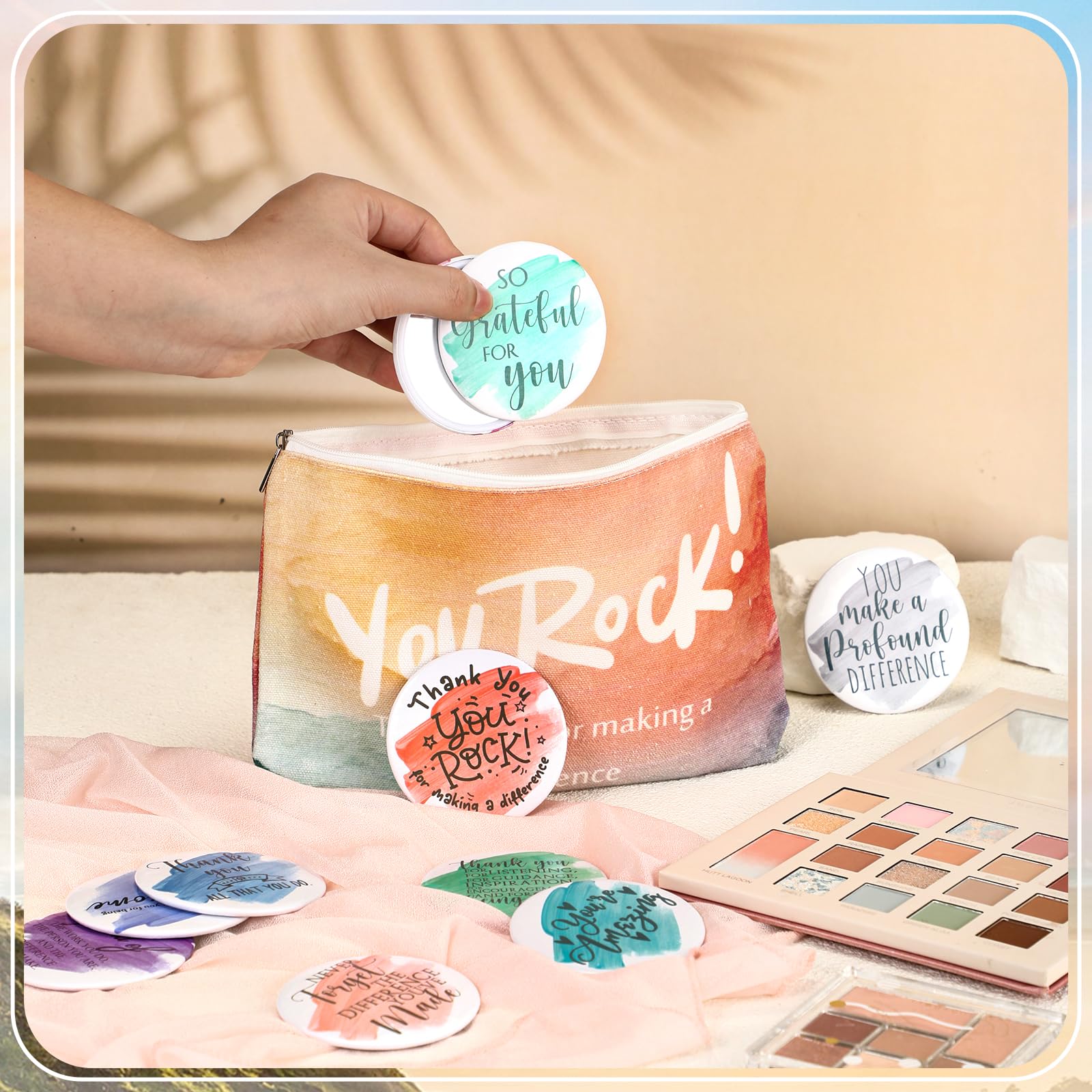 20 Pcs Employee Appreciation Gifts Inspirational Canvas Makeup Bags Compact Mirrors Bulk Cosmetic Bags Round Portable Mirror Thank You Gifts for Women Housekeeping Week (Appreciation)