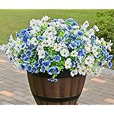 LADADA 6 Bundles Artificial Fake Flowers,Fake Blue Silk Daisy with Eucalyptus for Planter Pot UV Resistant Realistic for Outside Porch Home Patio Garden Decoration (White Blue)