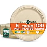 ECO SOUL 6 Inch Compostable Disposable Paper Plates [100 Pack] Food Safe 100% Virgin Bagasse Pulp Heavy Duty Microwave Safe Small Round Dessert Appetizer Plate for Party, Picnic & BBQ (Brown)