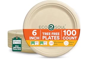 ECO SOUL 100% Compostable 6 Inch Paper Plates [100-Pack] Disposable Party Plates I Heavy Duty Eco-Friendly Sturdy Appetizer D