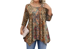 IN'VOLAND Plus Size Tops for Women 3/4 Sleeve Shirts Tunic Tops to Wear with Leggings Loose Fit Summer Fall Clothes