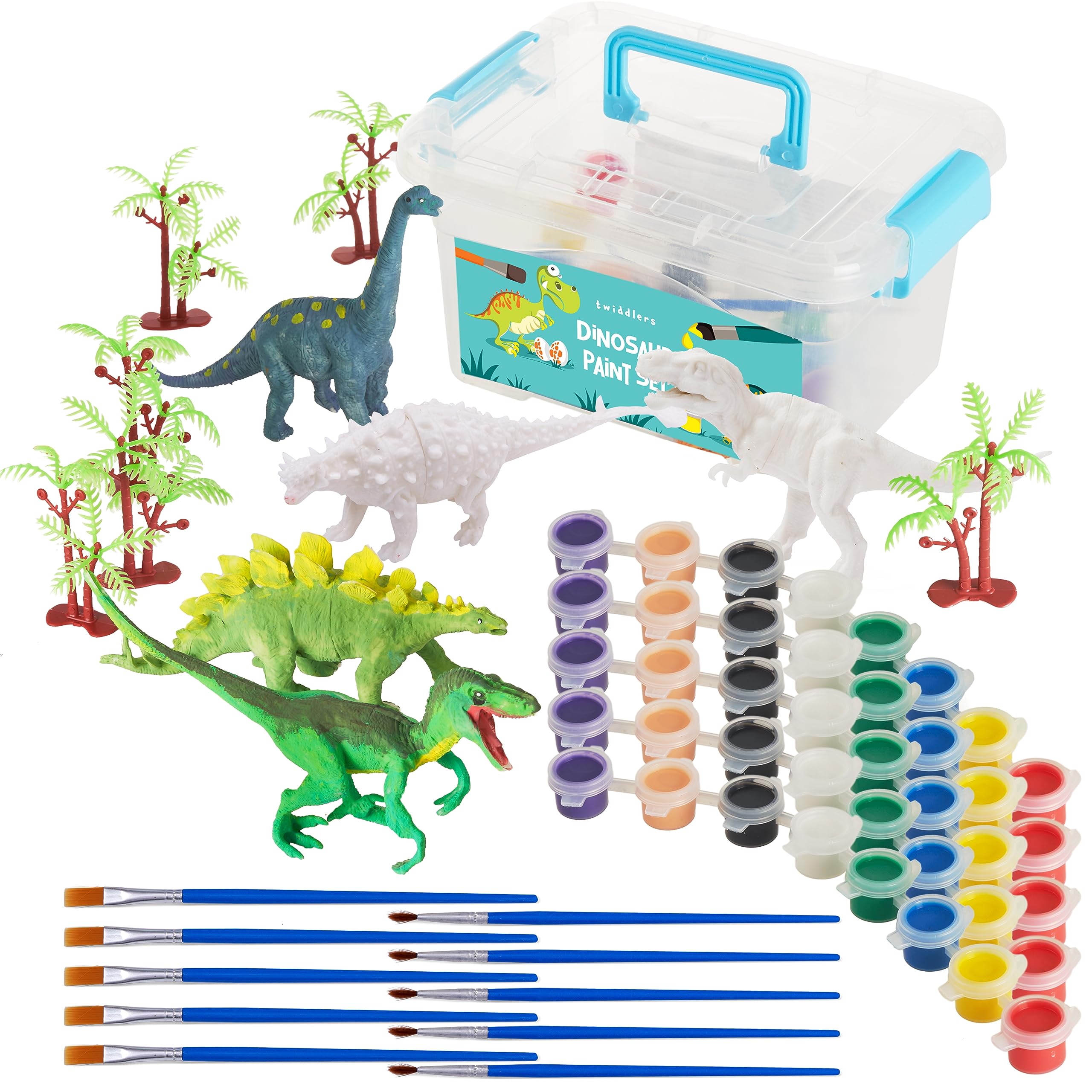 THE TWIDDLERS 3D Dinosaur DIY Craft Kit with 5 Dinosaur Figurines, Complete Set Including 5 Paint Sets, 5 Brushes, and 5 Tree Accessories, Kids Gift Set Activity