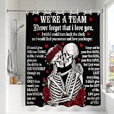 PHTAYOT Gothic Romance Kissing Skeleton Lovers Waterproof Shower Curtain,Red Roses and Love Quote Bathroom Decor,Romantic Gothic Message Print with 12 Hooks 66x72 Inch