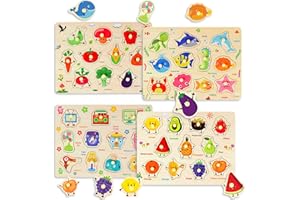 Wooden Peg Puzzles for Toddlers, 4 PCS Toddler Puzzles Set-Fruits, Sea Animals, Vegetables, Home Appliances, Baby Puzzle Mont