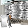 Art3d 100 Pcs Peel and Stick Backsplash Tiles, 3D Textured Metal Stick On Subway Wall Tiles for Kitchen Back Splashes, Bathroom, Laundry Room, 3 x 6 Inch, Stainless
