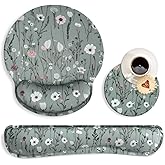 MOLNESO Green Floral Mouse Pad with Wrist Rest and Keyboard Wrist Set, Wildflower Ergonomic Memory Foam Mouse Pad Set for Women, Office, Typing, Gaming