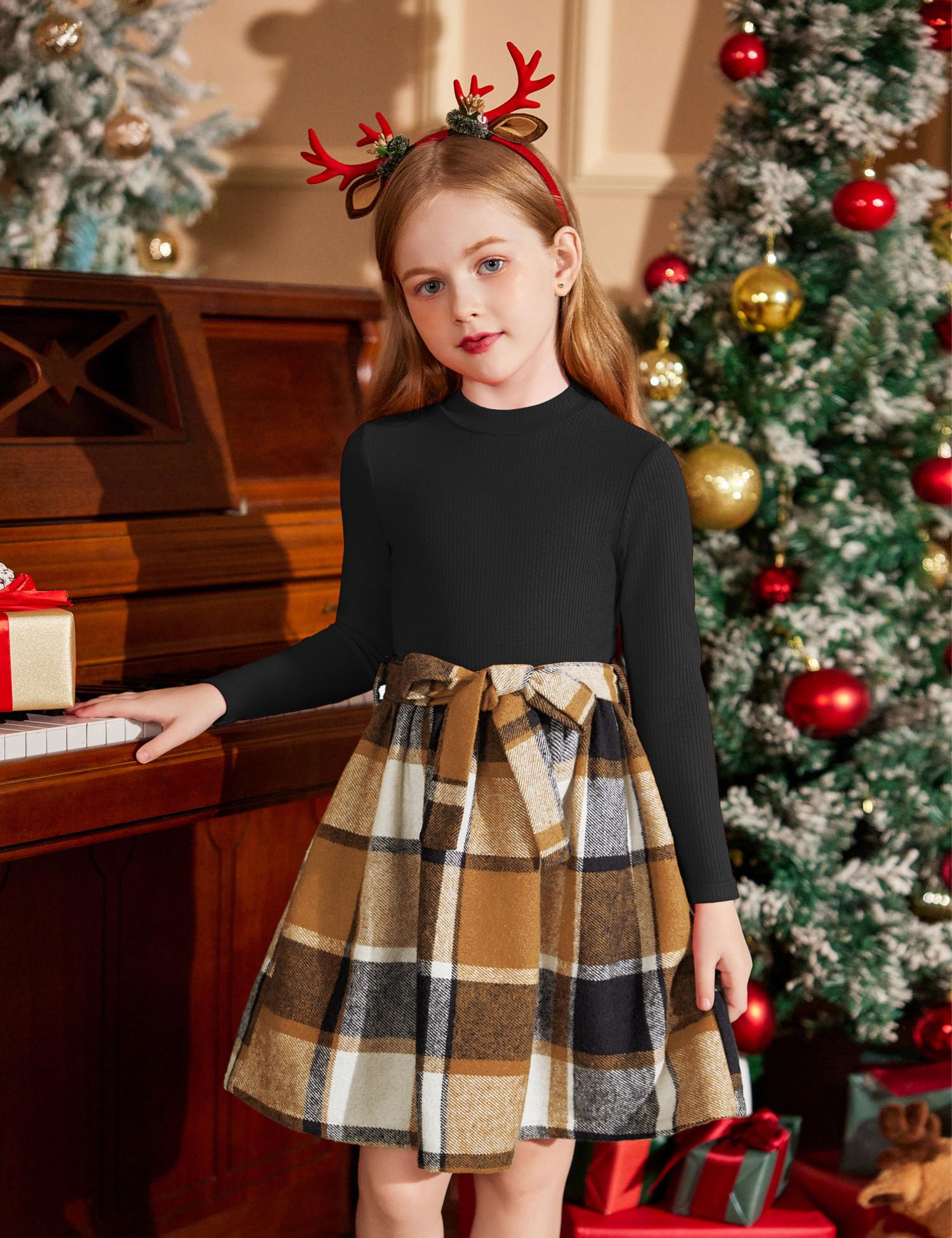 Arshiner Girls Dresses Long Sleeve Rib Knit Plaid Patchwork Belted Dress with Pockets