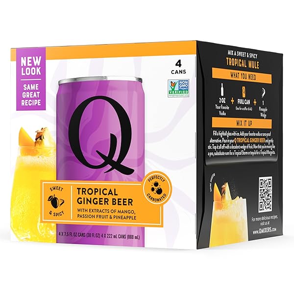 Q TROPICAL GINGER BEER WITH REAL GINGER, TROPICAL FRUITS & ORGANIC AGAVE – IDEAL FOR COCKTAILS & MOCKTAILS – REAL INGREDIENTS & PERFECTLY CARBONATED, 90 CALORIES PER CAN, 7.5 FL OZ CANS (PACK OF 4)