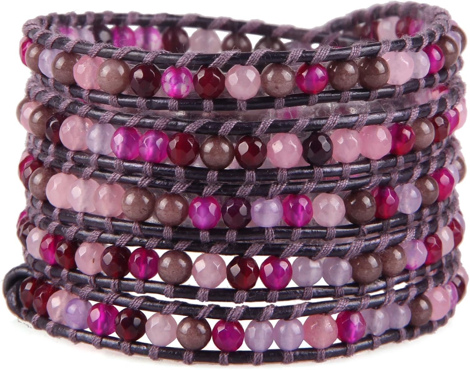 KELITCH Charm Bracelets Women Girls Purple Pink Mix Colors Agate Bead 5 Wrap Bracelet on Black Leather, 327, 34-36 inch