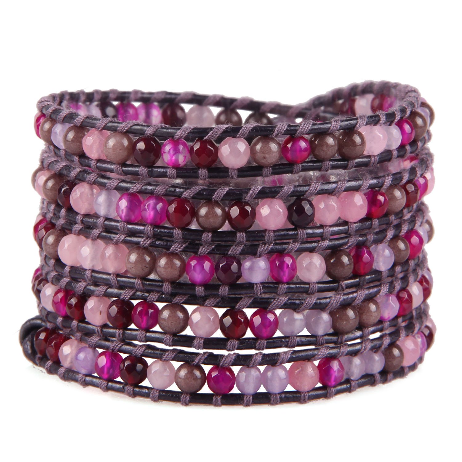 KELITCH Charm Bracelets Women Girls Purple Pink Mix Colors Agate Bead 5 Wrap Bracelet on Black Leather