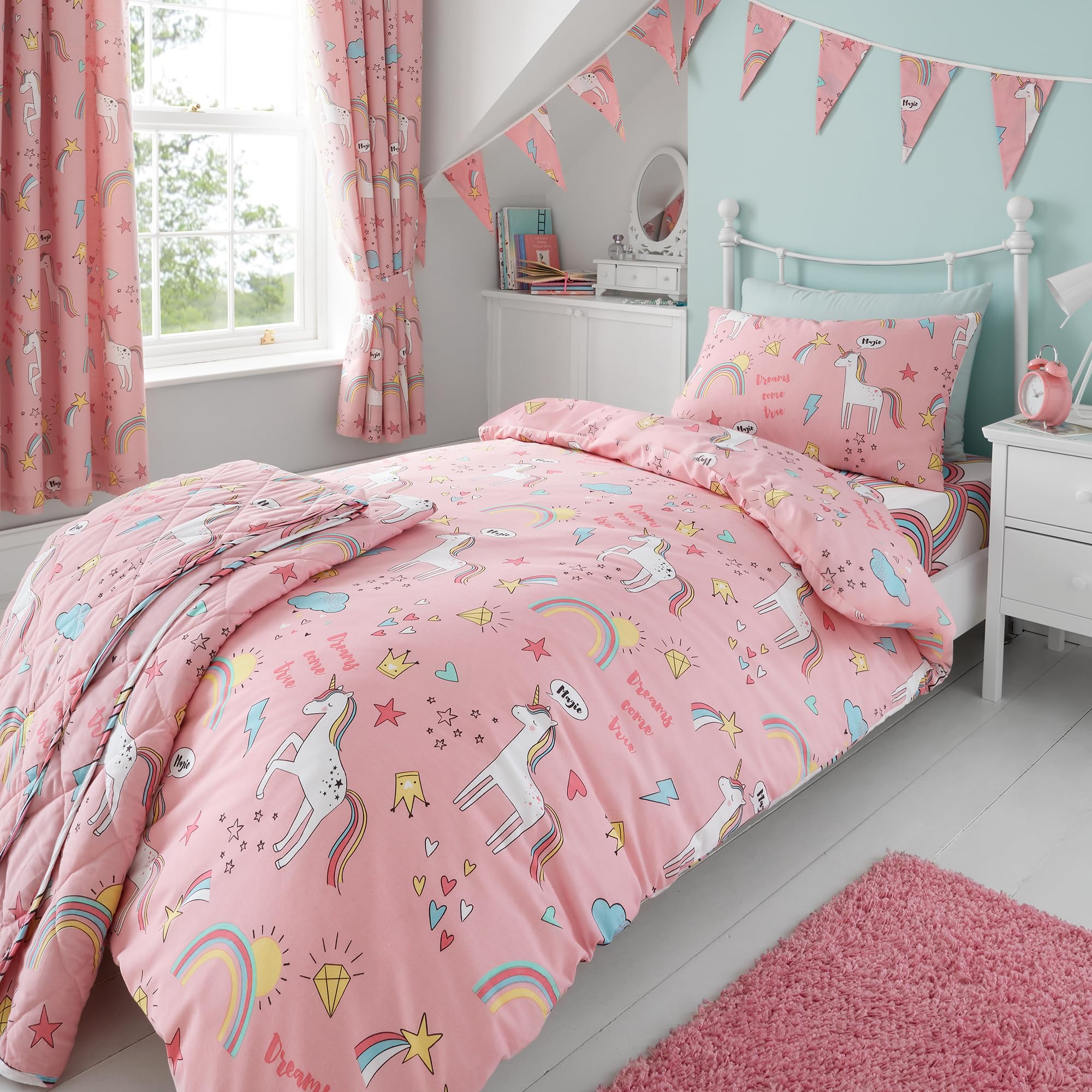 Girls Kids Unicorns Rainbows Pink Single Reversible Duvet Cover Bedding Set