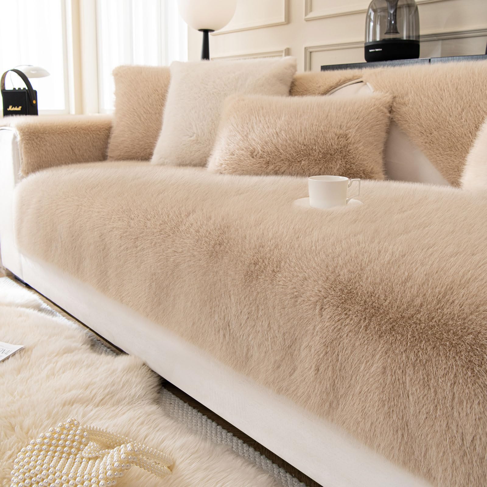 ShowyLive Soft Velvet Sofa Cover 1 2 3 4 Seater Non-Slip Couch Sofa Slipcovers Sofa Cushion Covers Sofa Protectors from Pets/Kids/Dogs (Khaki, 35 * 83 inch)