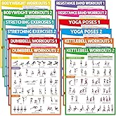 gisgfim 12PCS Workout Posters for Home Gym Dumbbells, Bodyweight, Stretching, Resistance Bands, Yoga, Kettlebells Exercise Chart Full Body Workout Poster Set Muscle Engagement Chart Garage Gym Decor