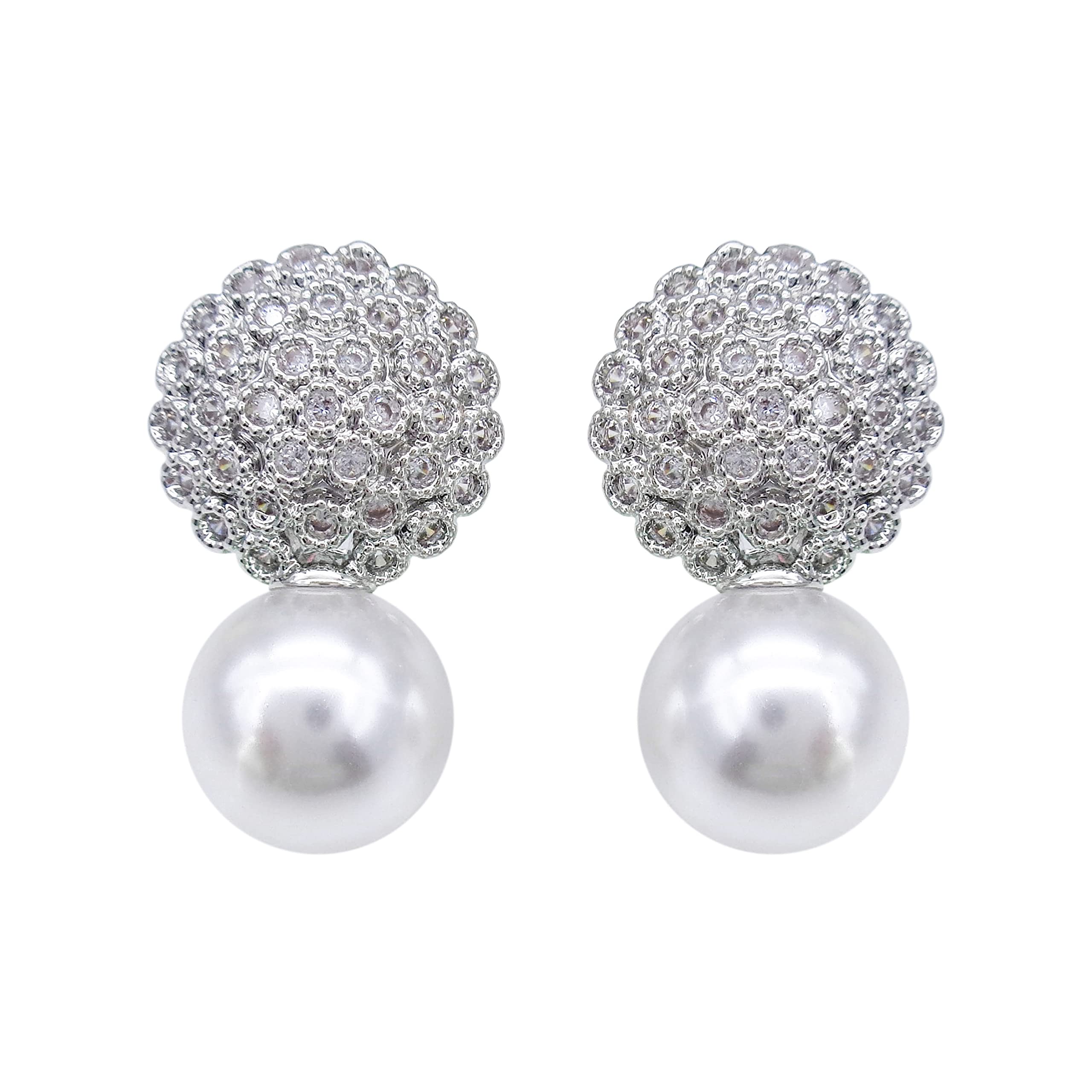 Hiqmic 925 Sterling Silver Post Fashion Round Pearl Zirconia Earrings Ear Stud Piercing White Gold Plated Jewellery Gifts for Women, WA90119-S White