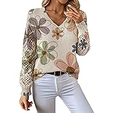Vintage Fall Sweaters for Women 2025 Long Sleeve V Neck Knit Sweater Y2k Floral Print Casual Trendy Pullover Tops