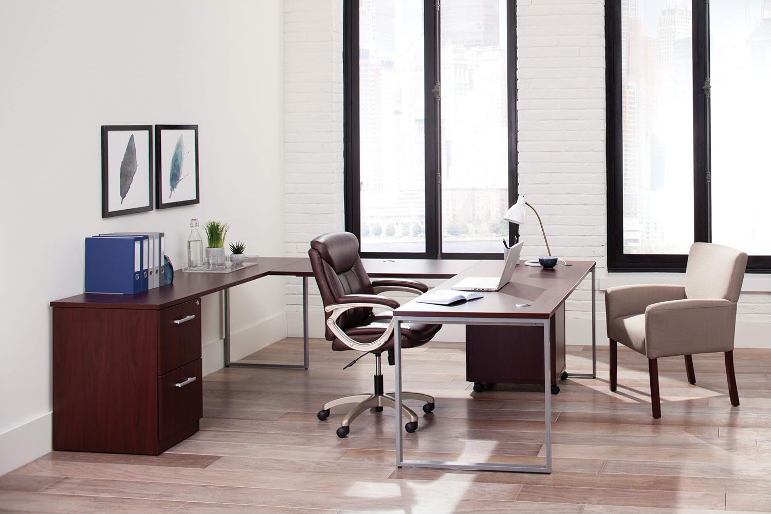 OFM Essentials Collection Bonded Leather Executive Guest Chair with Arms and Wooden Legs, in Black: Kitchen & Dining