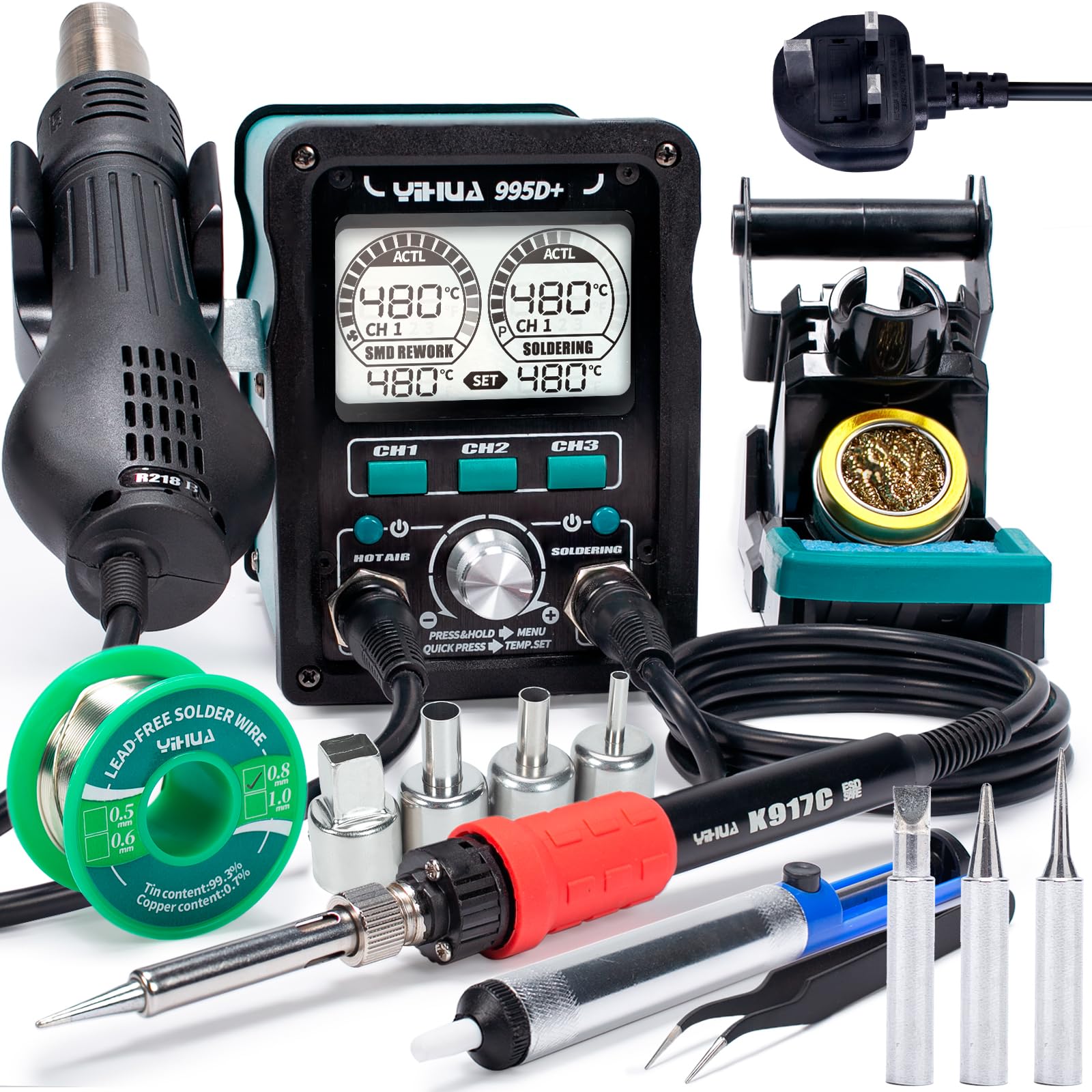 YIHUA 995D+ EVO Hot Air Rework Station Soldering Station 2-in-1 with Dynamic LCD Display with 3 Soldering Tips, 4 hot air nozzles, Lead-Free Solder Wire,Tweezers, desoldering Pump(UK Plug)