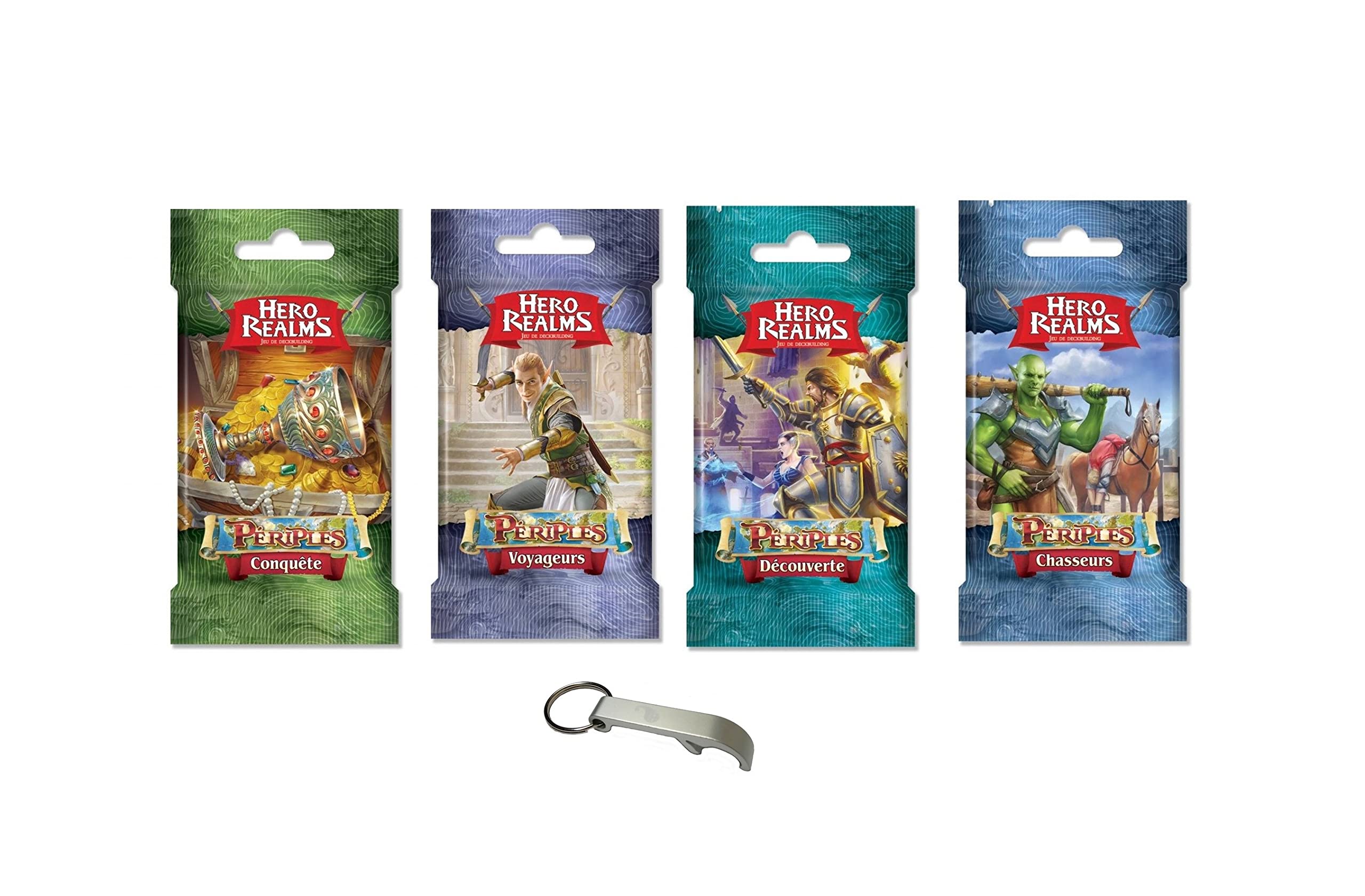 Hero Realms Set of 4 Adventures Decks: Conquest, Discovery, Hunters and Travellers French Version + 1 Blumie Bottle Opener (4 Periples) — image 1