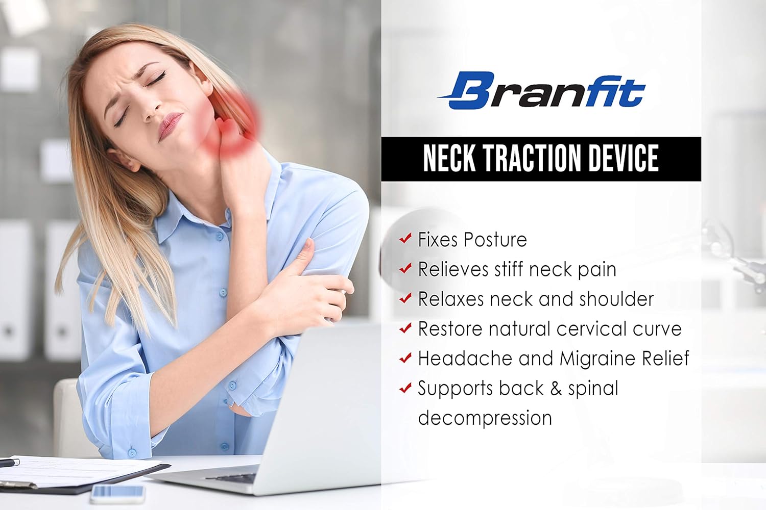 Cervical Neck Traction Device and Collar Brace by BRANFIT, Inflatable and Adjustable USA Designed Neck Support & Stretcher is Ideal for Spine Alignment and Chronic Neck Pain Relief: Health & Personal Care