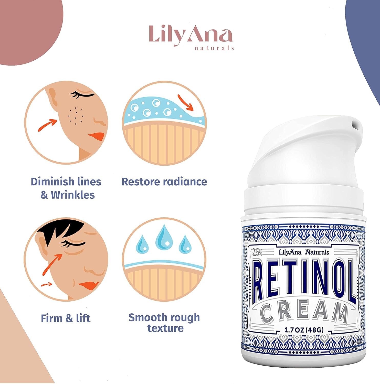 LilyAna Naturals Retinol Cream for Face - Retinol Cream, Anti Aging Cream, Retinol Moisturizer for Face, Wrinkle Cream for Face, 2.5% Retinol Complex - 1.7oz: Beauty