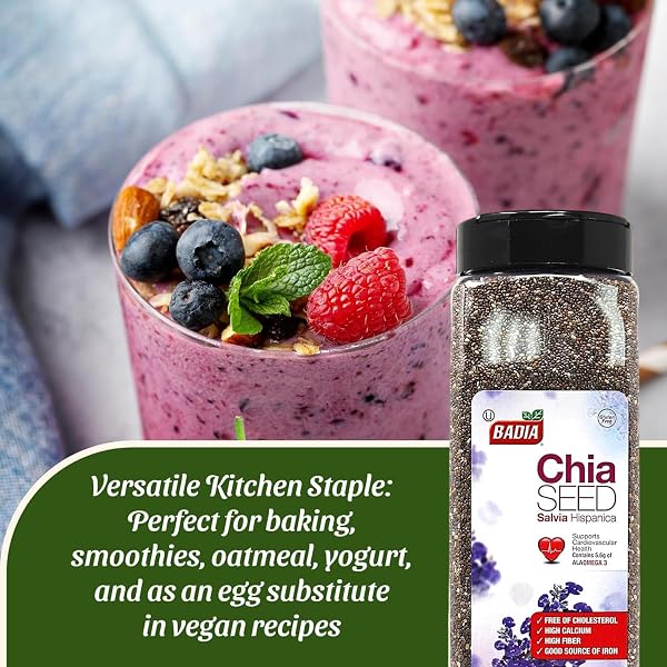 BADIA CHIA SEED, 22 OZ – HIGH FIBER, OMEGA-3, PROTEIN, ENERGY BOOST – SMOOTHIES, YOGURT, BAKING, OATMEAL