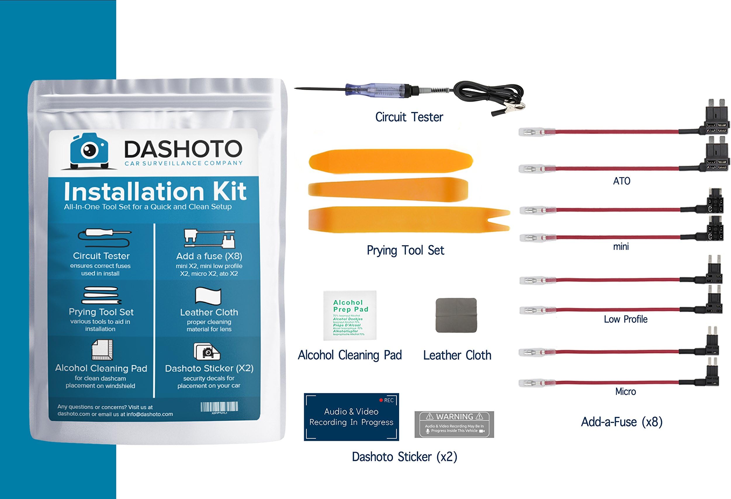 All-in-One Dashcam Installation Kit Including Cleaning Wipes + Surveillance Warning Stickers