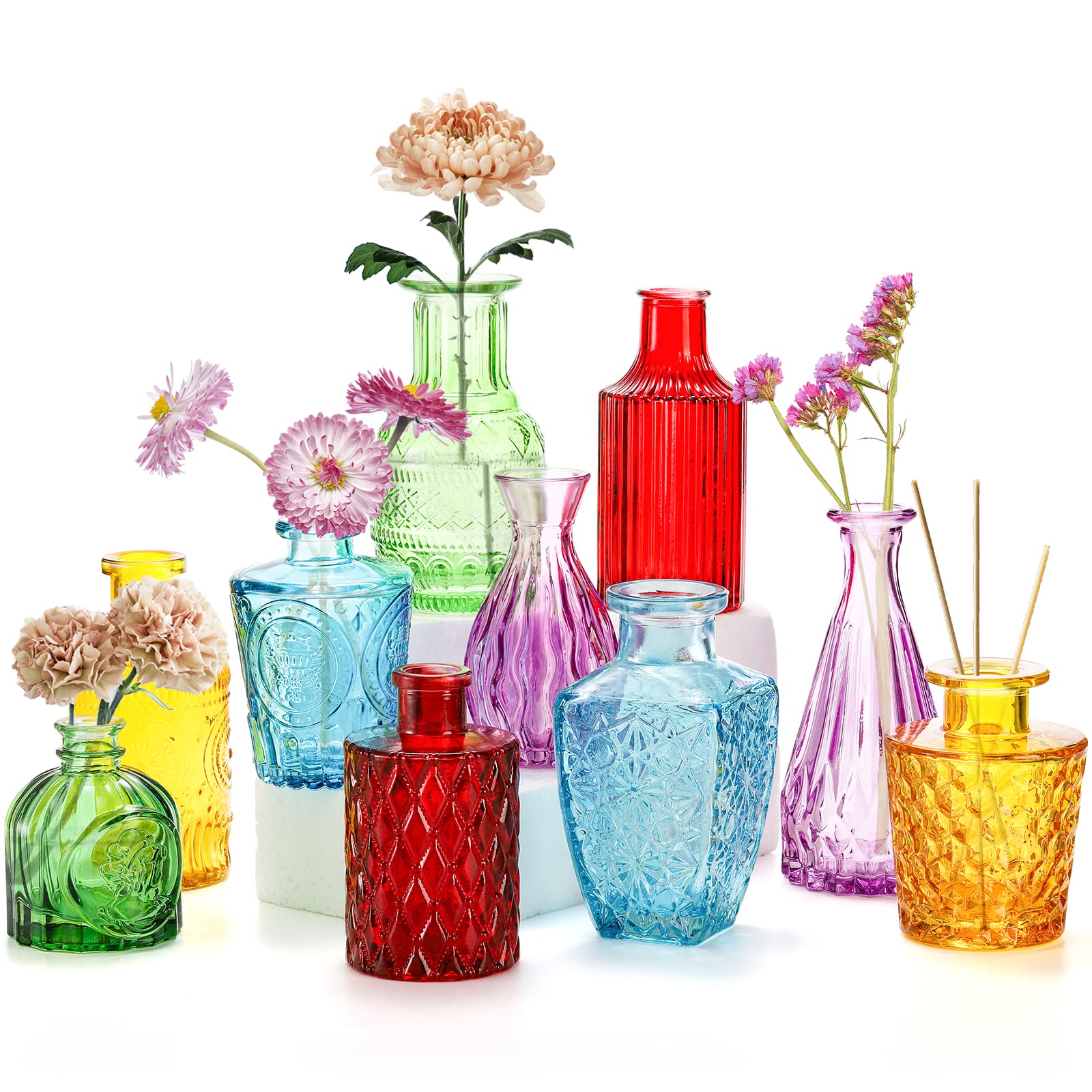 Photo 1 of Coloch Set of 10 Colored Bud Vases, Assorted Small Glass Flower Vases Vintage Carved Floral Vase Single Bud Vase in Bulk for Centerpieces, Parties, Wedding Decoration, Office, Home