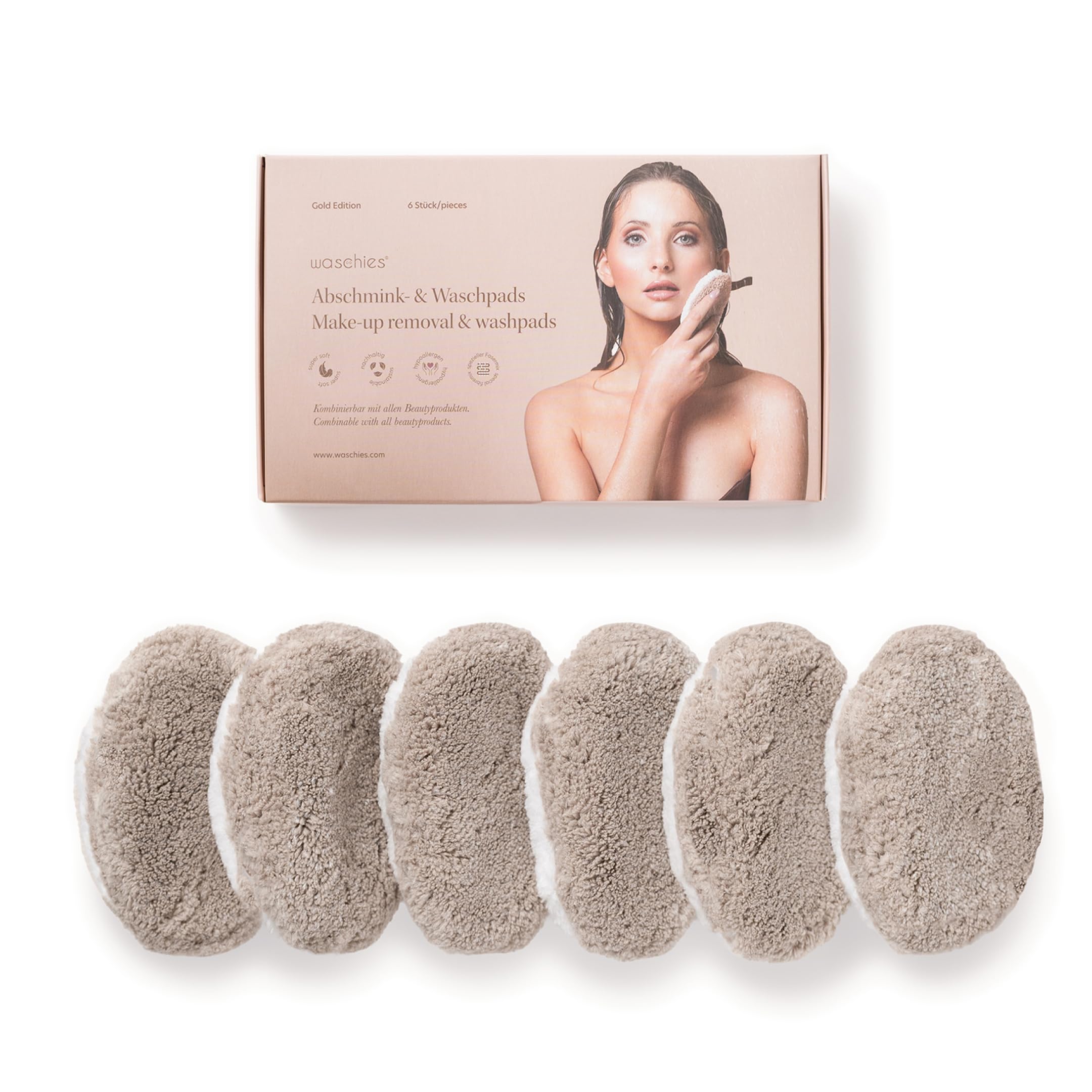 Waschies Reusable Makeup Remover & Face Cleansing Pads – Pack of 6 in Gold - Washable, Soft & Hypoallergenic, Gentle Cleansing for All Skin Types - Alternative to Cotton Pads & Wipes