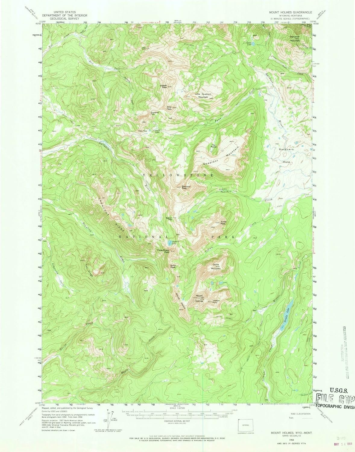 1958 Mount Holmes, WY - Wyoming - USGS Historical Topographic Map : 44in x 55in