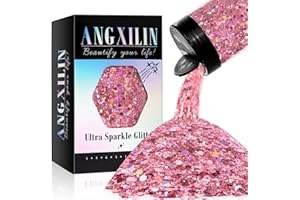 ANGXILIN Holographic Chunky Glitter, 190g/6.7oz Chunky and Fine Mixed Craft Glitter, Bulk Laser Sequin Glitter for Face Body Nail Art,Epoxy Resin Tumbler Jewelry Making Glitter (Pink)
